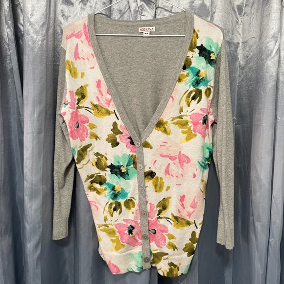 MERONA Grey, Pink, & Aqua Floral Cardigan Sz M - Picture 2 of 6